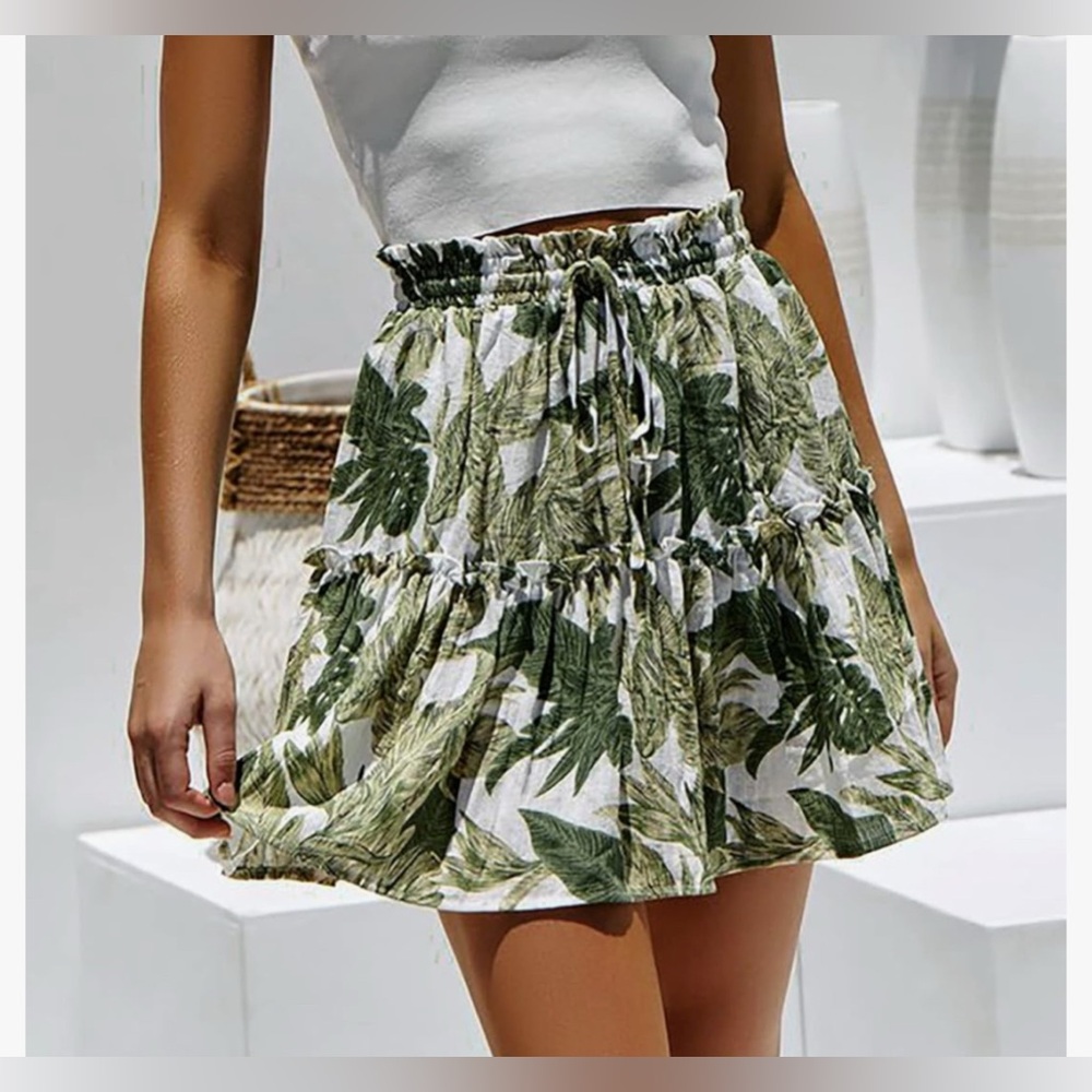 CUPSHE High Waist Ruffle Skirt Floral Pattern Elastic Waist Drawstring A Line